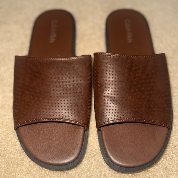 Calvin Klein Men’s Brown Leather Slide Sandals - Size 9 - Used - Picture 1 of 4